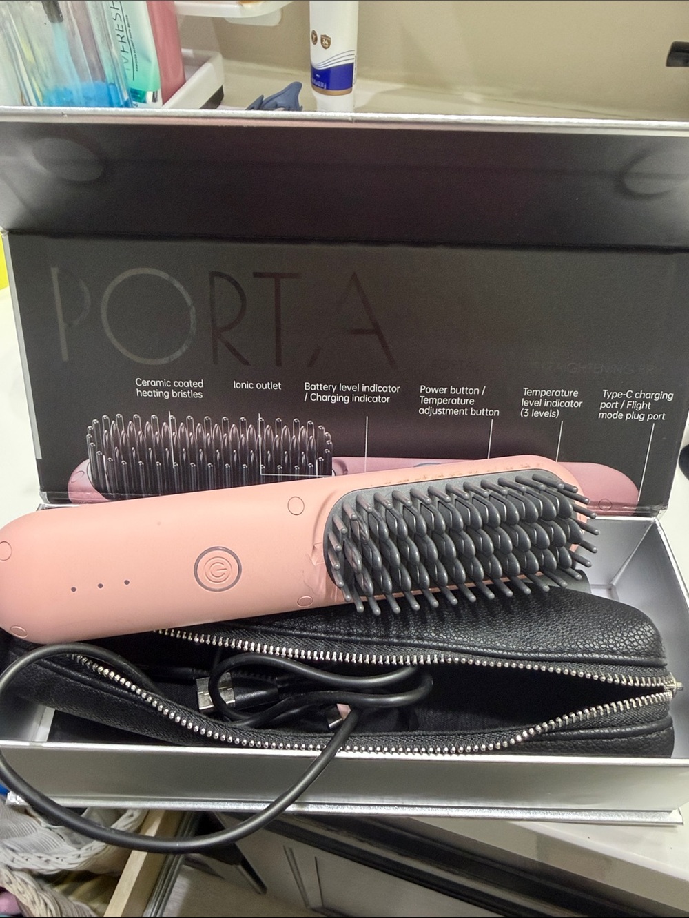 Cordless Travel Pink Heated Hair Straightening Brush - Sleek Detangling Styler
